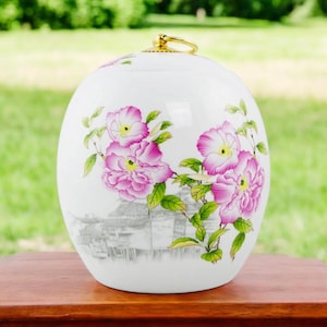 Ceramic Peony Memorial Urn: Asian City Floral Design