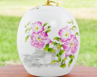 Ceramic Peony Memorial Urn: Asian City Floral Design