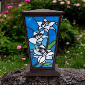 Stained Glass Personalized Cremation Urn with White Lily Design - Memorial Keepsake & Funeral Tribute Gift