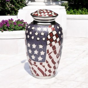 Adult Stars and Squares Brass Urn | Navy and Rose Abstract Stars and Squares Design