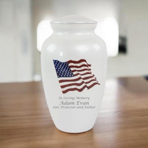 Cremation Urn Personalized Patriotic Brass with American Flag Memorial Keepsake for Veterans & Military Loved Ones