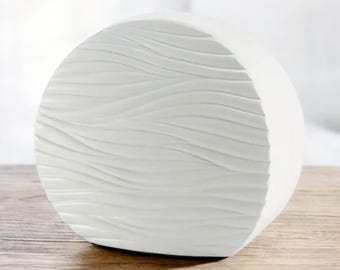 Glossy White Ceramic Urn: Wave-Textured Human Memorial
