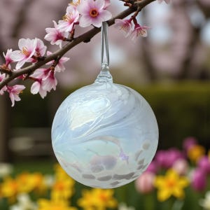 May include: A spherical glass ornament featuring a swirling, iridescent white and pale blue pattern. The ornament has a smooth, glossy finish and is suspended by a thin, light-colored ribbon from a branch with small, delicate pink flowers.