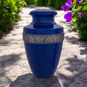 Glossy Blue Brass Cremation Urn with Silver Embellished Band | Personalized Urn