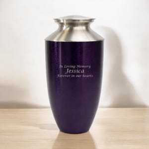 Brushed Pewter Accented Purple Metallic Adult Cremation Urn | Human Urn
