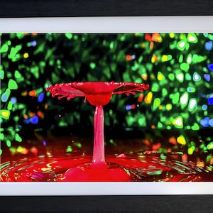 Op de afbeelding: Een ingelijste kunstdruk met een levendige rode vloeistofspat, die lijkt op een paddenstoelvorm, tegen een kleurrijke, vage achtergrond. Het kunstwerk is ingelijst in een witte passe-partout en een zwarte lijst, wat een opvallend visueel contrast creëert.