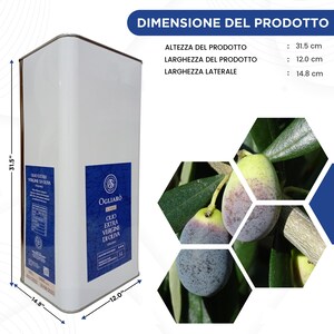 May include: A white metal can of Ogliaro Extra Virgin Olive Oil with a blue label. The can is 31.5 inches tall, 12 inches wide, and 14.8 inches in diameter. The label features the brand name Ogliaro and a depiction of olives on a branch.