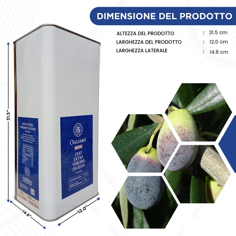 May include: A white metal can of Ogliaro Extra Virgin Olive Oil with a blue label. The can is 31.5 inches tall, 12 inches wide, and 14.8 inches in diameter. The label features the brand name Ogliaro and a depiction of olives on a branch.