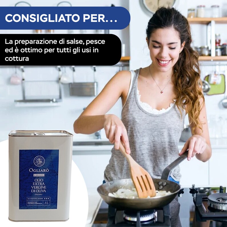 May include: A silver can of Ogliaro Extra Virgin Olive Oil, with a blue label and a 3L capacity. The can is sitting on a counter next to a woman cooking in a kitchen.