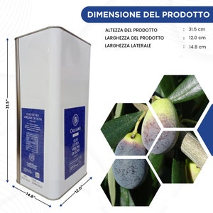 May include: A white metal can of Ogliaro extra virgin olive oil with a blue label. The can is 31.5 inches tall, 14.8 inches wide, and 12 inches deep. The label features the brand name Ogliaro and the text "Olio Extra Vergine di Oliva".