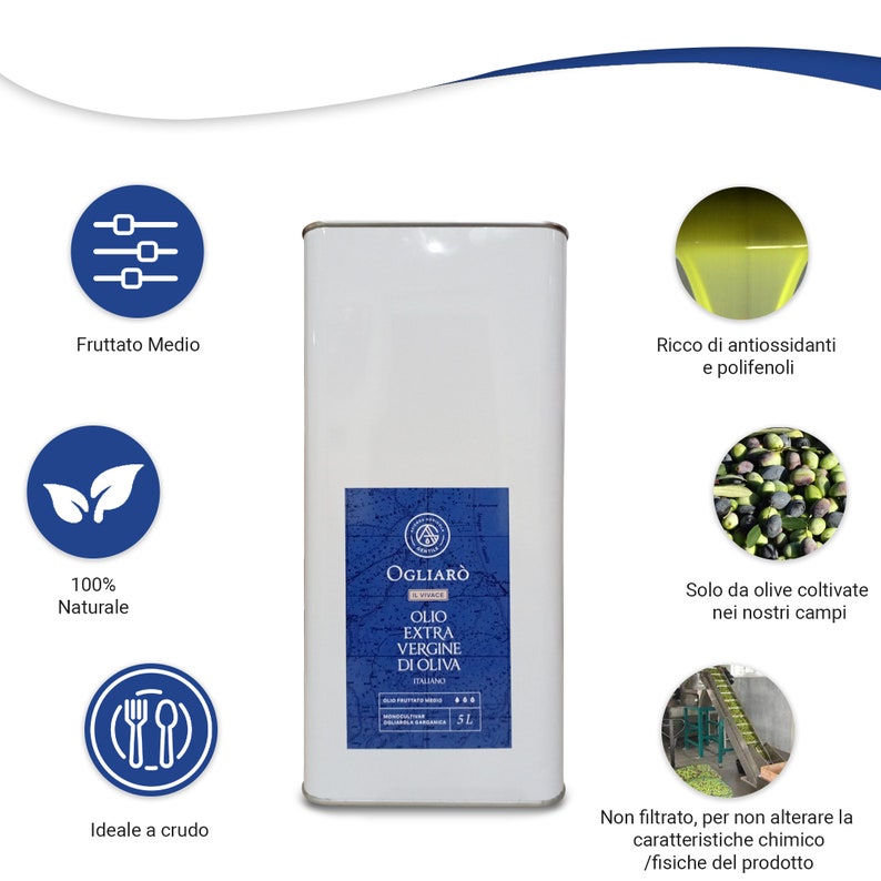 May include: A white metal can of Ogliaro Extra Virgin Olive Oil. The can is labeled with the brand name and product information. The can is 5 liters. The image also includes several icons representing the product's qualities, such as being 100% natural, having a medium fruitiness, and being ideal for use in raw dishes.