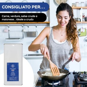 May include: A white can of Ogliaro Extra Virgin Olive Oil with a blue label. The can is sitting on a counter in a kitchen. A woman is cooking in the background.