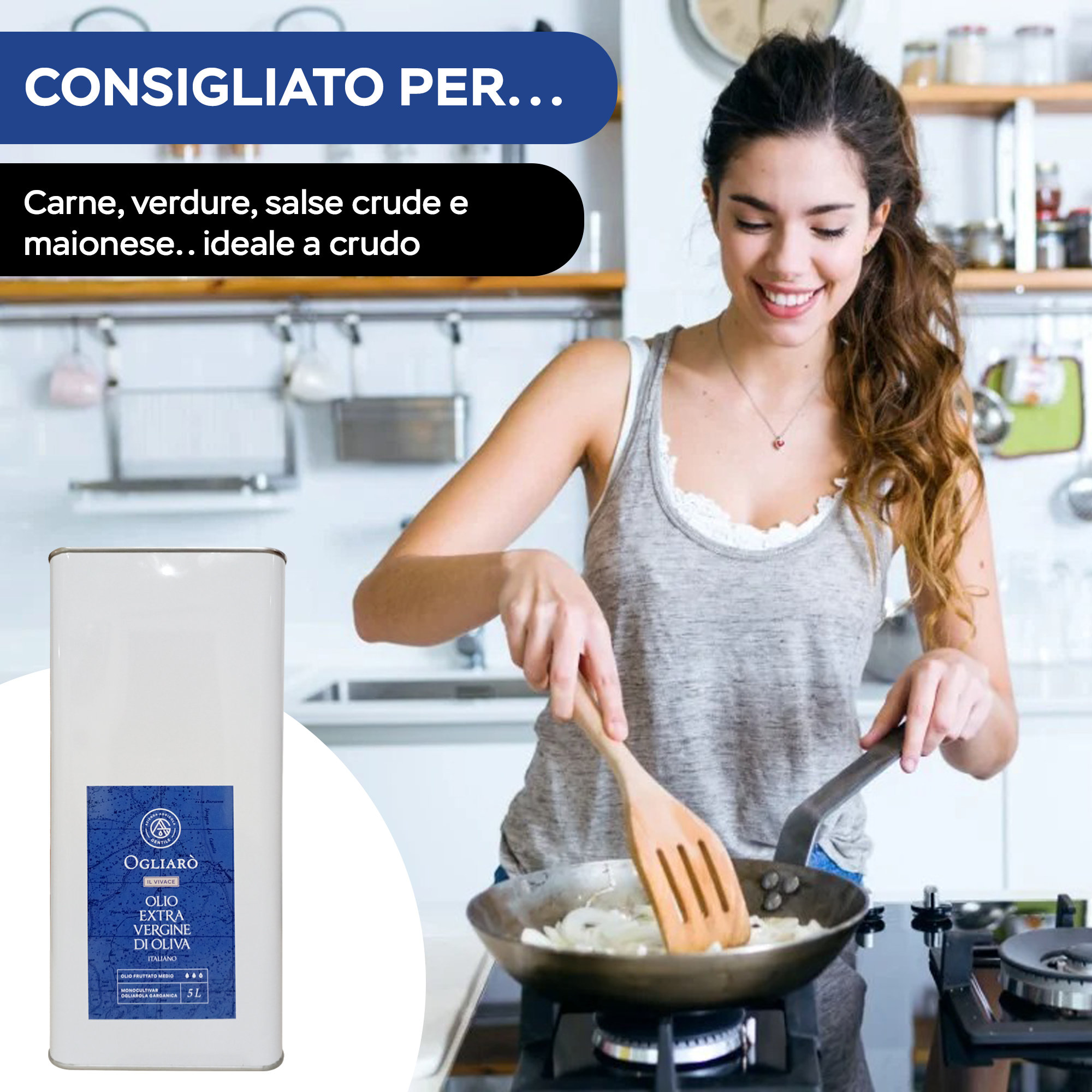 May include: A white can of Ogliaro Extra Virgin Olive Oil with a blue label. The can is sitting on a counter in a kitchen. A woman is cooking in the background.