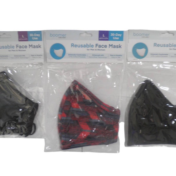 3 LG Boomer Naturals Silver Infused Cloth Face Masks -Black (2) & Red / Blue (1)