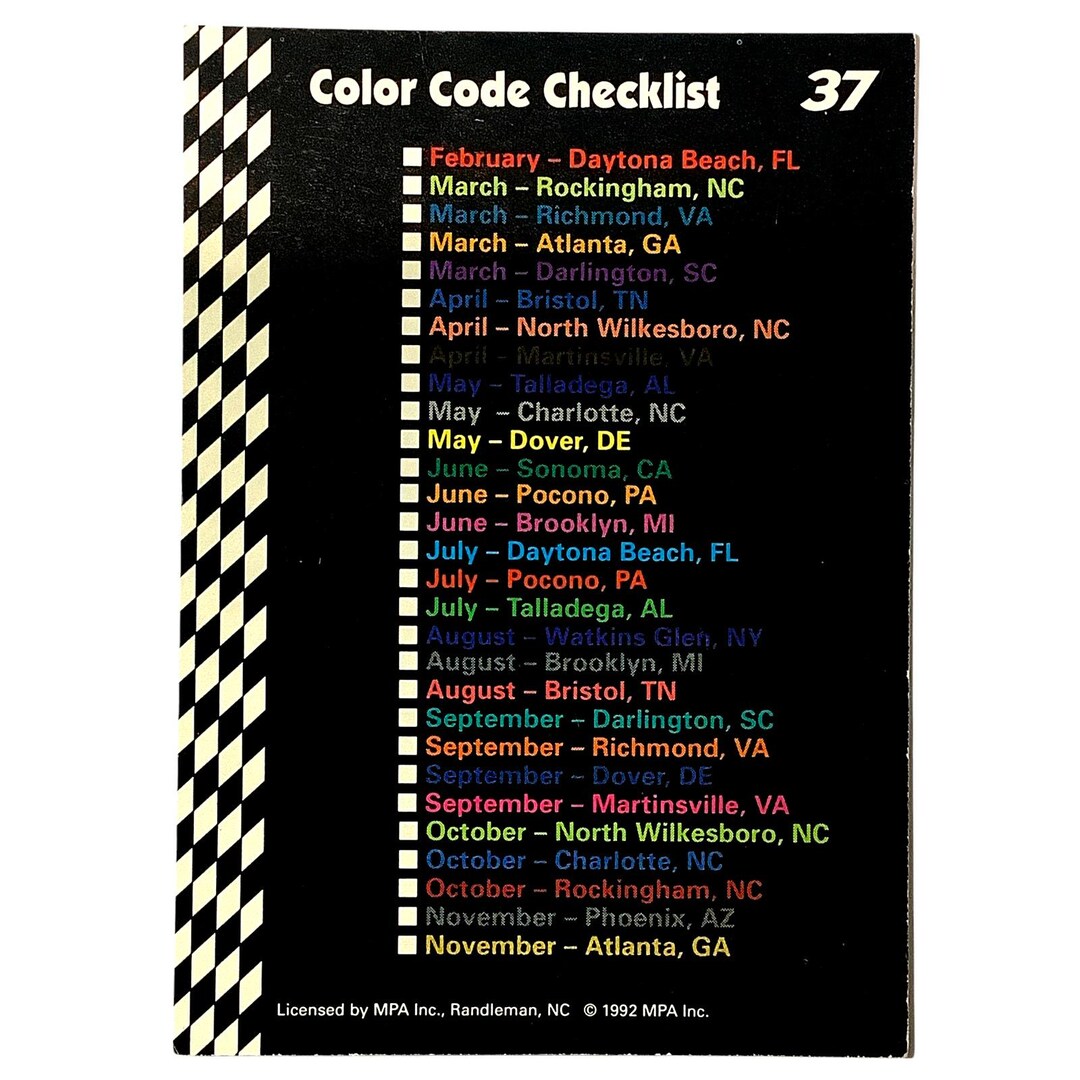 1992 Richard Petty Fan Appreciation Color Code Checklist, Food Lion MPA ...