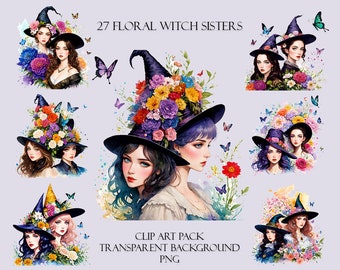 27 PNGs Watercolour Colorful Floral Witch Sisters Clipart Bundle, magic clipart, mystical clipart, witchcraft clipart, pagan clipart, pagan