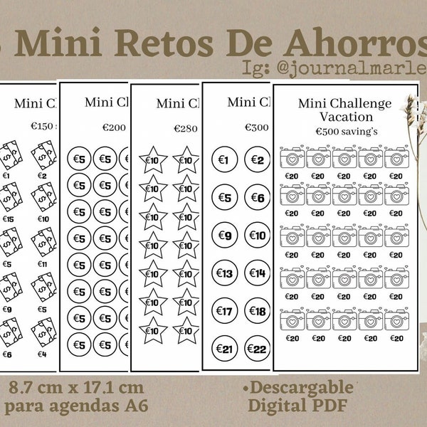 5 Minis Retos de Ahorros, Desafíos de ahorros , Objetivo de Ahorro , PDF IMPRIMIBLE , Descarga Digital instantánea.