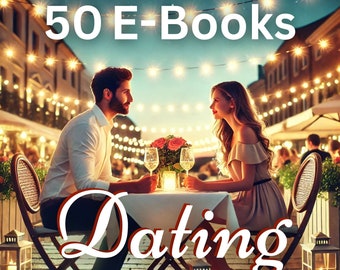 Könnte beinhalten: Ein Paar auf einem Date in einem Restaurant im Freien bei Nacht. Das Bild enthält den Text "50 E-Books Dating" und "with MRR license for personal use & reselling".