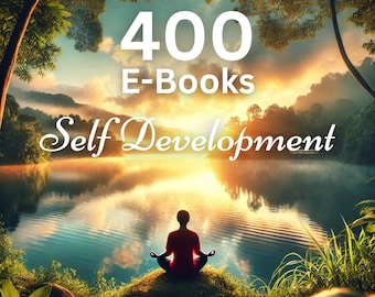 Puede incluir: Imagen digital que promociona 400 libros electrónicos sobre desarrollo personal. La imagen presenta una escena de lago serena con una persona meditando en posición de loto. El texto blanco grande dice "400 E-Books Self Development". La parte inferior de la imagen incluye texto sobre licencias.