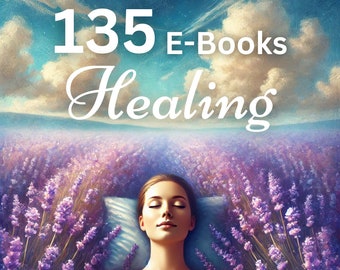 Może przedstawiać: Kobieta z zamkniętymi oczami leży na polu fioletowych kwiatów lawendy. Tekst "135 E-BOOKS Healing" znajduje się nad nią. Tekst "with MRR license for personal use & reselling" znajduje się pod nią.