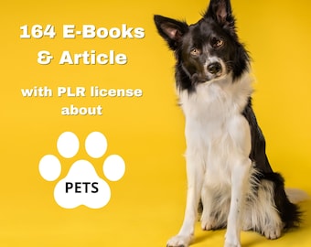May include: A black and white border collie dog sits on a yellow background. The text "164 E-Books & Article with PLR license about PETS" is displayed above the dog.