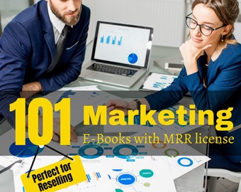 May include: Two people are working on a marketing plan. They are looking at charts and graphs. The text on the page reads "101 Marketing E-Books with MRR license". There is a yellow sign that says "Perfect for Reselling".