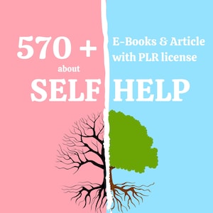 Könnte beinhalten: Eine Grafik mit einem geteilten Hintergrund in Pink und Blau. Die linke Seite zeigt einen kahlen Baum mit Wurzeln auf einem rosafarbenen Hintergrund. Die rechte Seite zeigt einen grünen Baum mit Wurzeln auf einem blauen Hintergrund. Der Text auf der linken Seite lautet "570+ über SELF". Der Text auf der rechten Seite lautet "E-Books & Artikel mit PLR-Lizenz HELP".