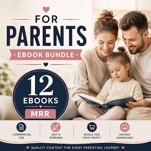 Può includere: Una pubblicità di prodotto digitale con il testo FOR PARENTS EBOOK BUNDLE e 12 EBOOKS MRR. Sotto ci sono quattro icone con il testo: COMMERCIAL USE, EDIT & REBRAND, RESELL FOR 100% PROFIT e INSTANT DOWNLOAD. Il testo in basso recita QUALITY CONTENT FOR EVERY PARENTING JOURNEY.