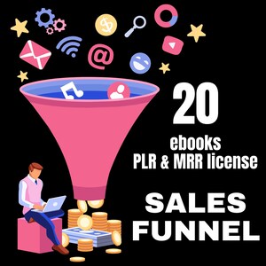 Op de afbeelding: Een illustratie van een roze verkooptrechter met 20 e-books, een persoon die een laptop gebruikt en munten die in een stapel geld vallen. De tekst "20 ebooks PLR & MRR license SALES FUNNEL" wordt weergegeven.