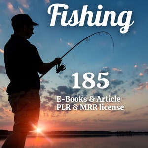 Op de afbeelding: Silhouet van een persoon die aan het vissen is bij zonsondergang met een hengel. De tekst "Fishing 185 E-Books & Article PLR & MRR license" wordt weergegeven op de afbeelding.