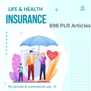 Puede incluir: Ilustración de una familia bajo un paraguas azul, que representa un seguro de vida y salud. La familia incluye un padre, una madre, un hijo y un bebé. Un corazón rojo con un símbolo de latido del corazón está al lado de la familia. El texto "LIFE & HEALTH INSURANCE" y "896 PLR Articles" también está incluido en la imagen.