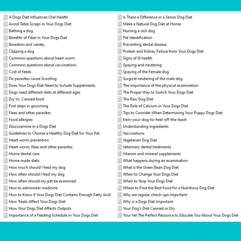 May include: A checklist of common questions and topics related to dog care and nutrition. The list includes topics such as bathing, grooming, heartworm prevention, and choosing a healthy diet for your dog.