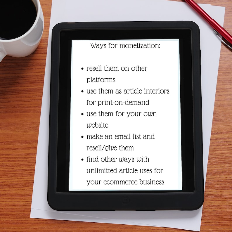 May include: A tablet screen displaying a list of ways to monetize content, including reselling on other platforms, using content for print-on-demand, and creating an email list.