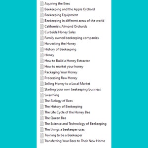 May include: A list of topics related to beekeeping, including acquiring bees, beekeeping equipment, honey processing, and the history of beekeeping.