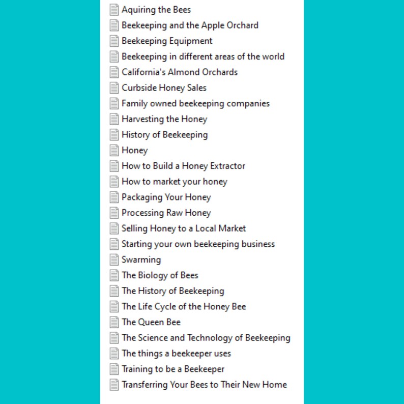 May include: A list of topics related to beekeeping, including acquiring bees, beekeeping equipment, honey processing, and the history of beekeeping.