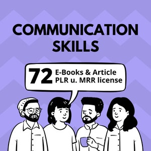May include: Illustration of three people talking about communication skills. A speech bubble above their heads says "72 E-Books & Article PLR u. MRR license".