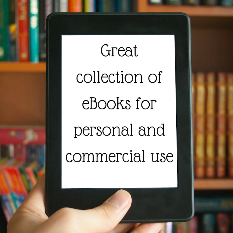 May include: A black and white e-reader with a white screen displaying the text "Great collection of eBooks for personal and commercial use".