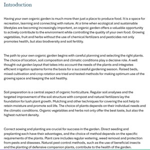 May include: Text explaining the benefits of having an organic garden. The text discusses the importance of planning, soil preparation, and choosing the right plants. It also mentions the use of natural fertilizers and pest control methods.