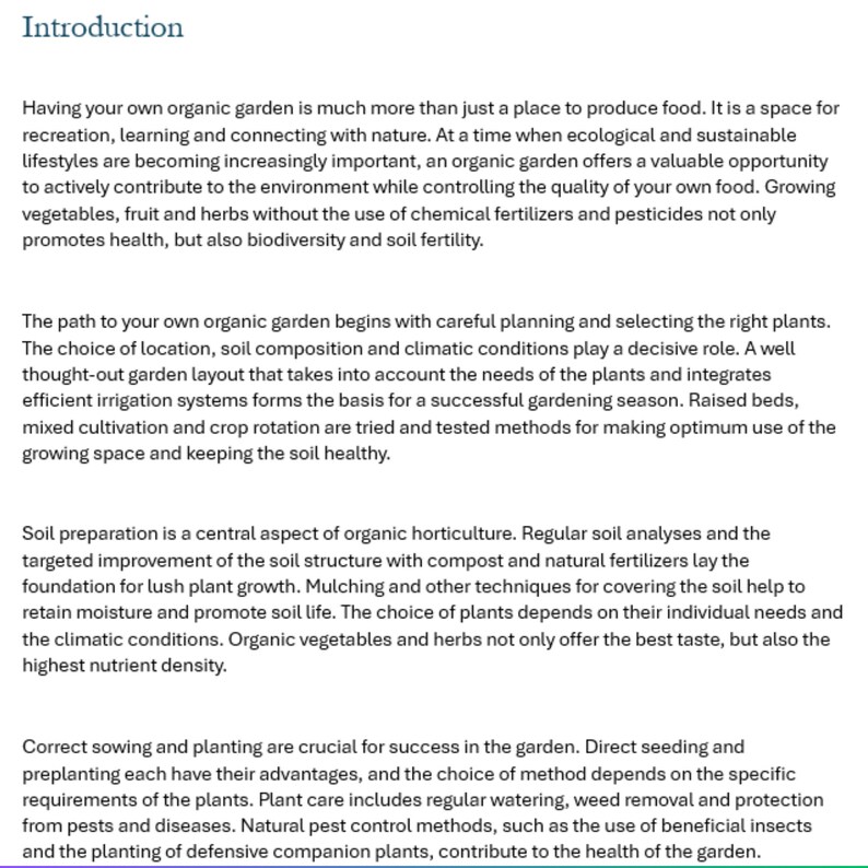 May include: Text explaining the benefits of having an organic garden. The text discusses the importance of planning, soil preparation, and choosing the right plants. It also mentions the use of natural fertilizers and pest control methods.