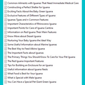 May include: A list of topics related to iguanas, including care, health, and different types of iguanas. The topics are listed in a blue box with a white background.