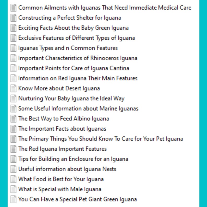 May include: A list of topics related to iguanas, including care, health, and different types of iguanas. The topics are listed in a blue box with a white background.