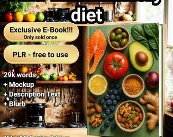 May include: An ebook cover with the title "Anti-inflammatory diet" features a vibrant arrangement of healthy foods, including salmon, avocado, tomatoes, and nuts. The cover also includes text that says "Exclusive E-Book!!!" and "PLR - free to use".