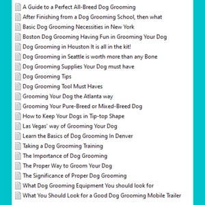 May include: A list of blog post titles related to dog grooming, including topics like grooming supplies, tips, and training.