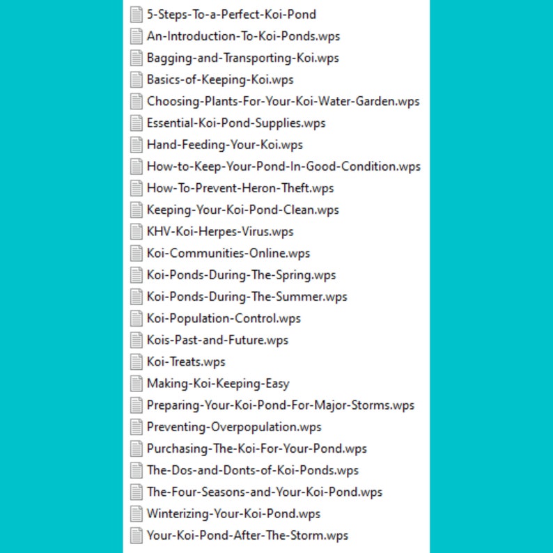 May include: A list of 27 files titled with topics related to koi ponds. The files are in a light blue folder with a white border.
