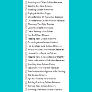 May include: A list of topics related to Golden Retrievers, including adopting, breeding, training, feeding, and health care.