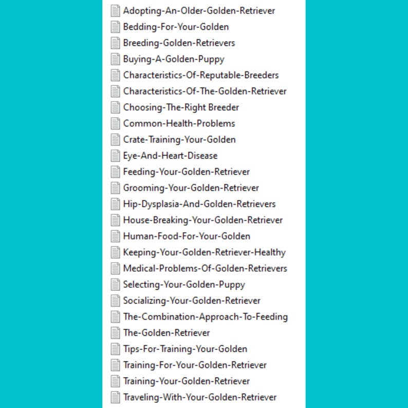 May include: A list of topics related to Golden Retrievers, including adopting, breeding, training, feeding, and health care.
