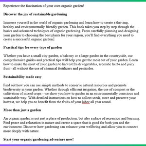 May include: A book cover with a green, blue, and white background. The title is "Discover the joy of sustainable gardening". The text describes the book's contents, including practical tips for creating a thriving, healthy, and environmentally friendly garden.