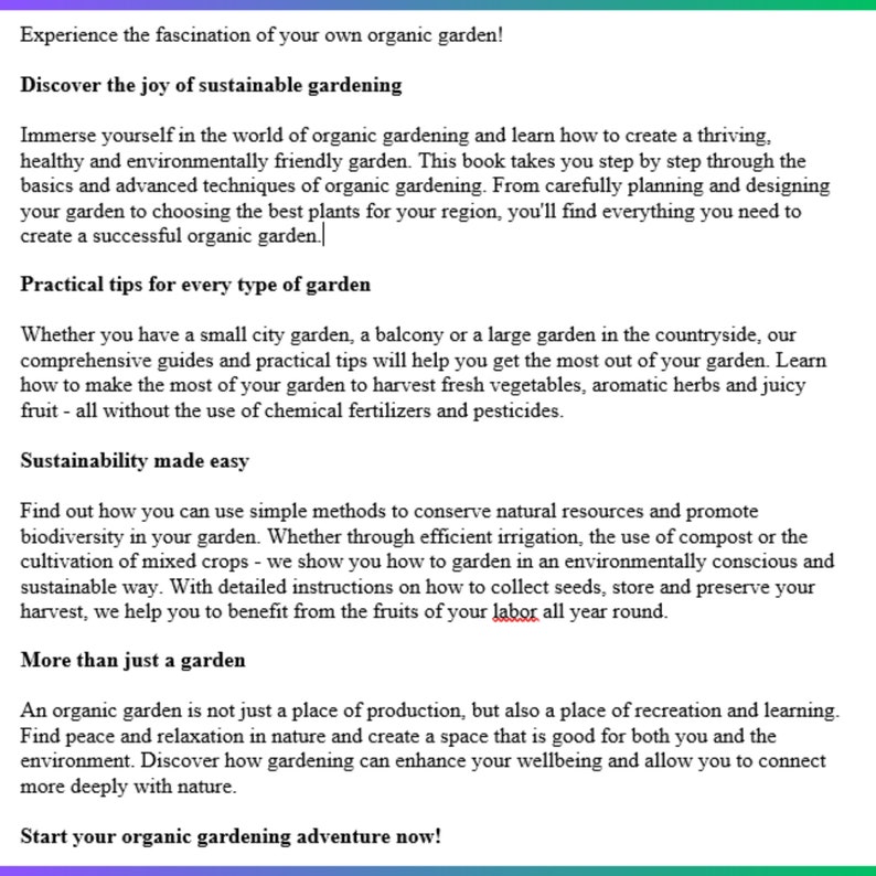 May include: A book cover with a green, blue, and white background. The title is "Discover the joy of sustainable gardening". The text describes the book's contents, including practical tips for creating a thriving, healthy, and environmentally friendly garden.