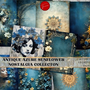 Stoffige blauwe azuurblauwe bloemen- en zonnebloemrandpapieren antieke Vintage junk Journal Kit Scrapbook Ephemera Victoriaanse ambachtelijke leeftijd esthetische textuur