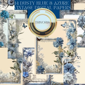 Stoffige blauwe azuurblauwe vintage bloemenrandpapieren, junk journal kit, scrapbooking ephemera, botanisch scrapbookpapier, Victoriaanse Journal Craft